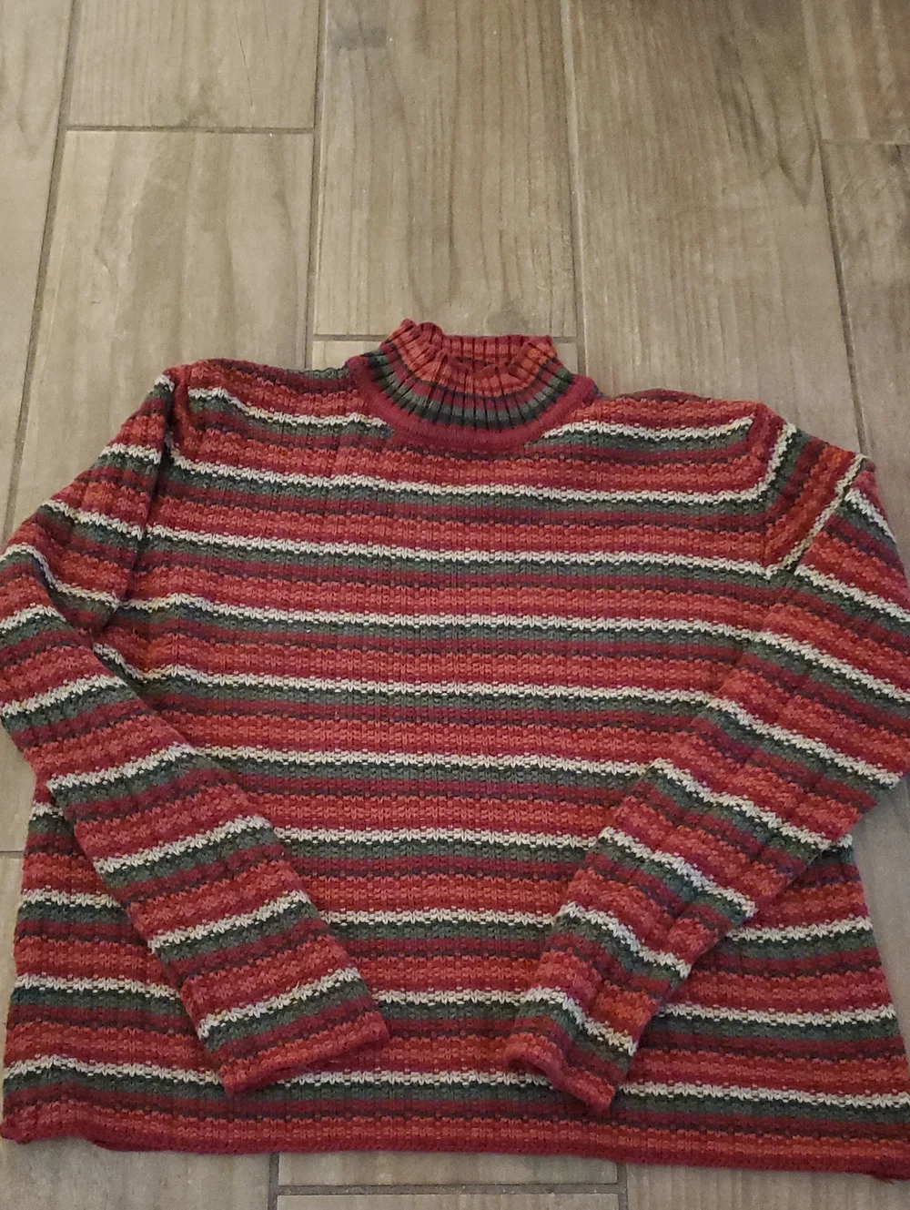 Christopher & Banks Red Striped Turtleneck Sweater with Green and Cream Accents